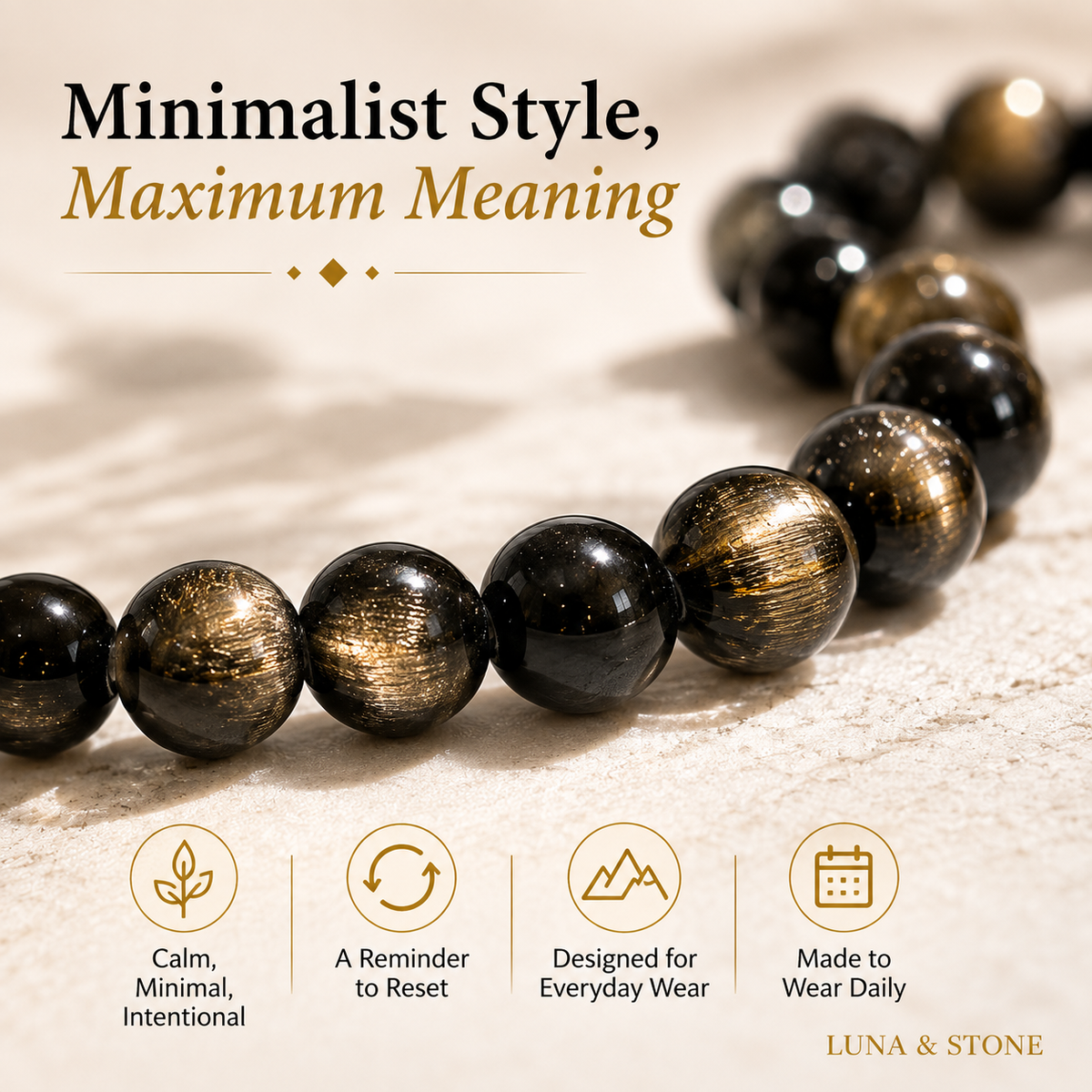 Gold Sheen Obsidian Bracelet — 8mm Natural Stone Beaded Stretch Bracelet for Men & Women