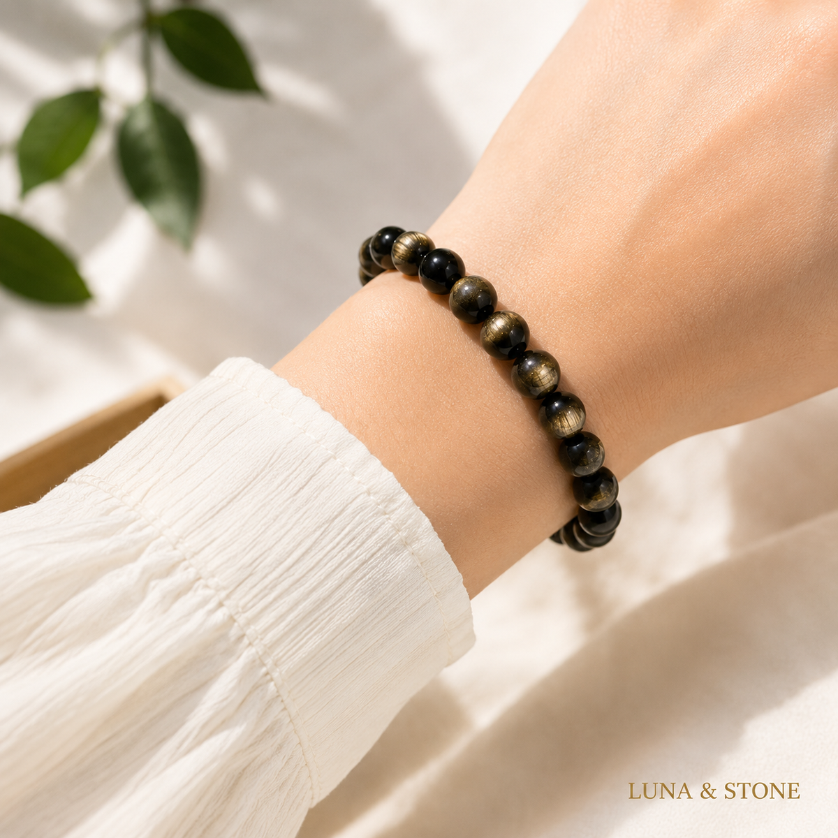 Gold Sheen Obsidian Bracelet — 8mm Natural Stone Beaded Stretch Bracelet for Men & Women
