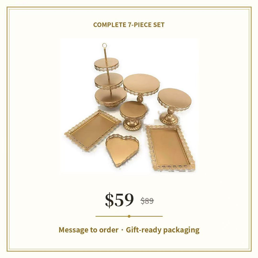 7-Piece Gold Cake Stand Set | Vintage Lace Edge Dessert Table Display for Weddings & Parties