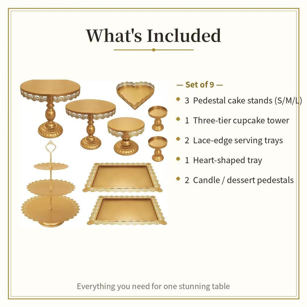 9-Piece Gold Cake Stand Set | Vintage Lace Edge Dessert Table Display for Weddings & Parties
