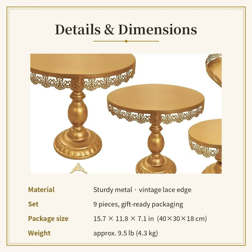 9-Piece Gold Cake Stand Set | Vintage Lace Edge Dessert Table Display for Weddings & Parties