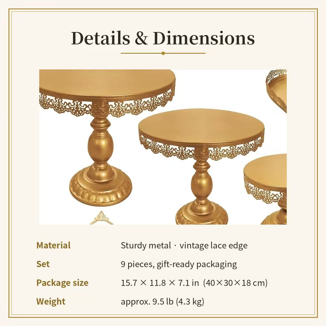 9-Piece Gold Cake Stand Set | Vintage Lace Edge Dessert Table Display for Weddings & Parties