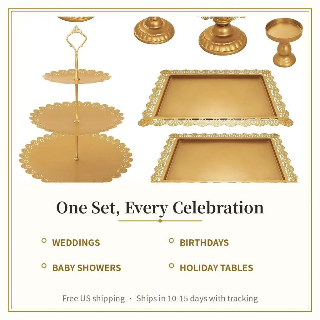 9-Piece Gold Cake Stand Set | Vintage Lace Edge Dessert Table Display for Weddings & Parties