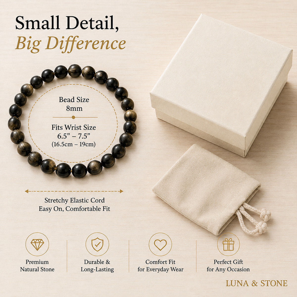 Gold Sheen Obsidian Bracelet — 8mm Natural Stone Beaded Stretch Bracelet for Men & Women