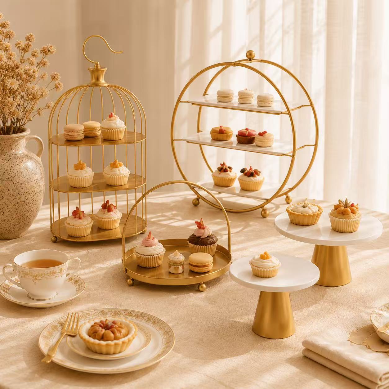 5-Piece Gold Dessert Stand Set | Birdcage & Tiered Display for Afternoon Tea, Weddings & Parties