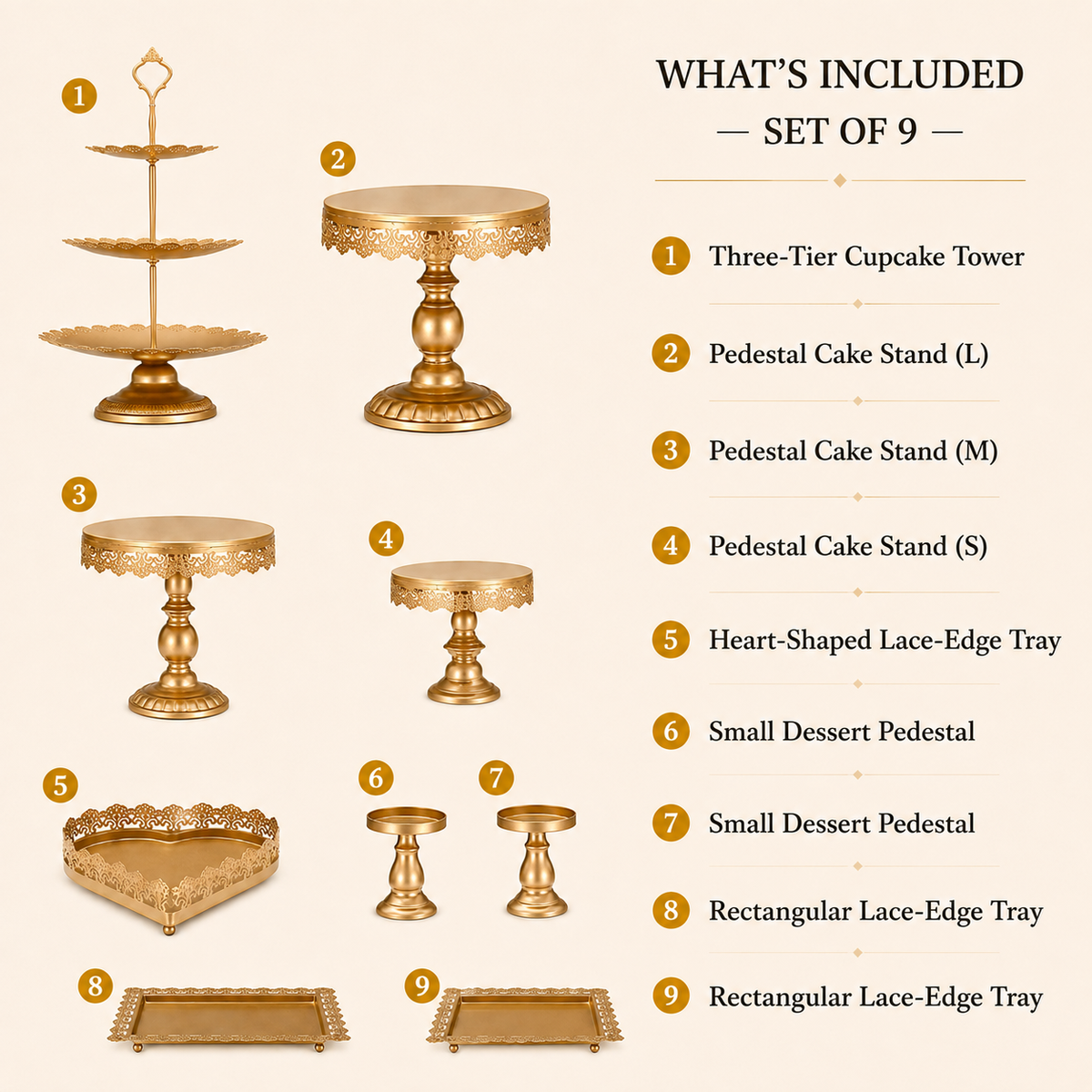 Gold Metal Cake Stand Set of 9 | Tiered Cupcake Tower, Pedestal Stands & Serving Trays