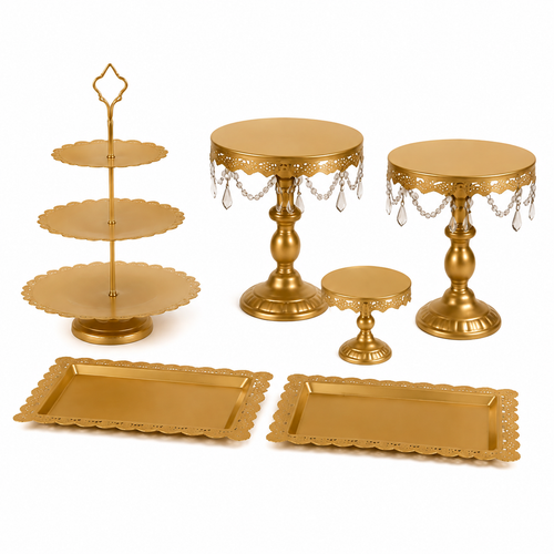 6-Piece Gold Cake Stand Set | Vintage Lace Edge & Crystal Dessert Display for Weddings & Parties