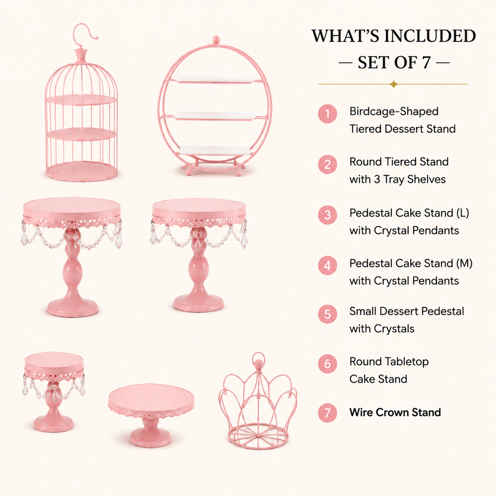 7-Piece Pink Cake Stand Set | Birdcage, Crystal Pedestals & Crown Dessert Display for Baby Showers & Birthdays