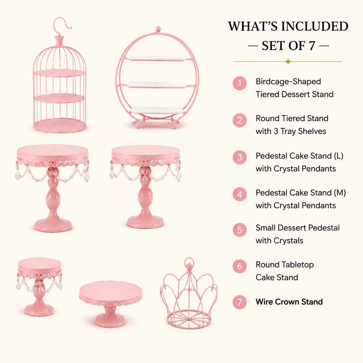 7-Piece Pink Cake Stand Set | Birdcage, Crystal Pedestals & Crown Dessert Display for Baby Showers & Birthdays