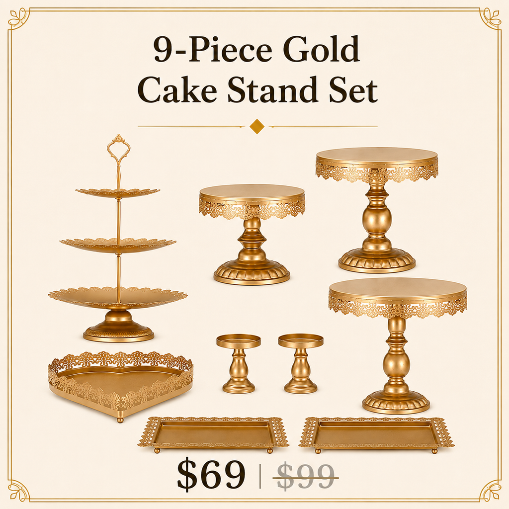 Gold Metal Cake Stand Set of 9 | Tiered Cupcake Tower, Pedestal Stands & Serving Trays