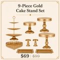 Gold Metal Cake Stand Set of 9 | Tiered Cupcake Tower, Pedestal Stands & Serving Trays