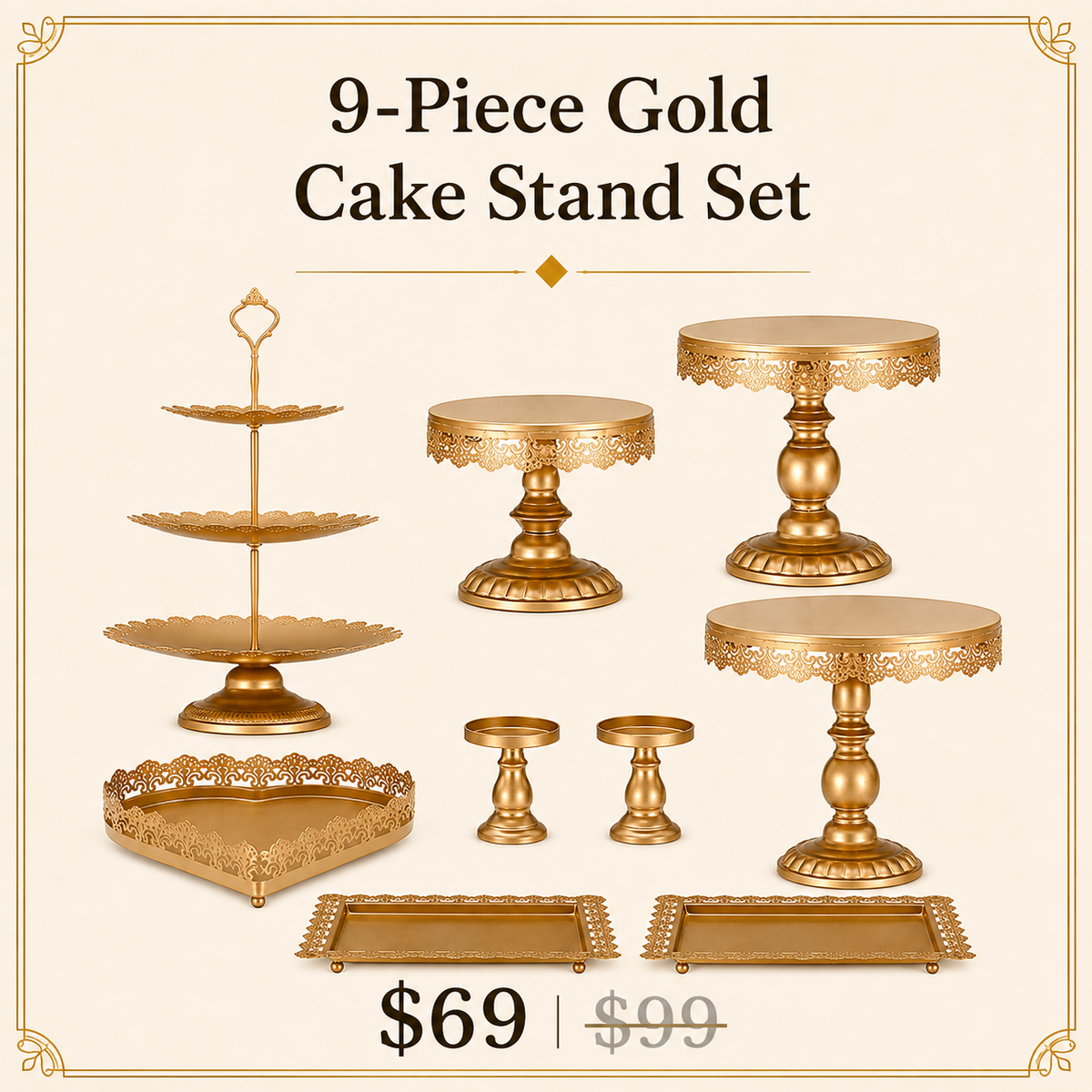 Gold Metal Cake Stand Set of 9 | Tiered Cupcake Tower, Pedestal Stands & Serving Trays