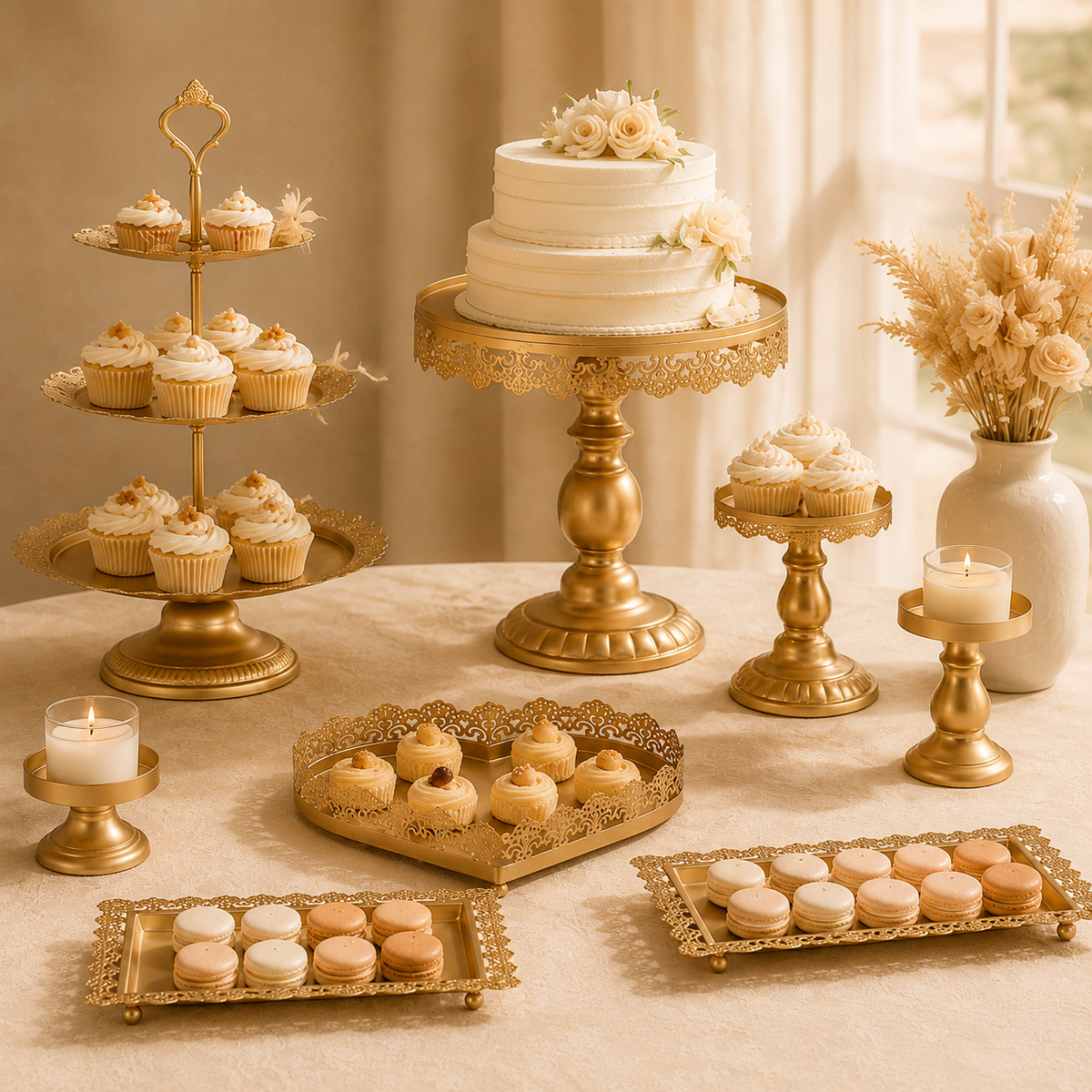 Gold Metal Cake Stand Set of 9 | Tiered Cupcake Tower, Pedestal Stands & Serving Trays