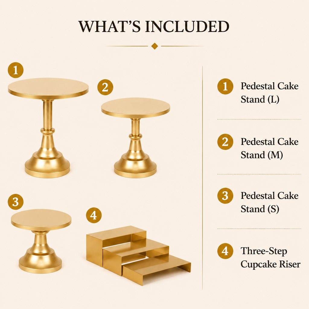 4-Piece Gold Cake Stand Set | Modern Pedestal Stands & Cupcake Riser for Birthdays & Parties