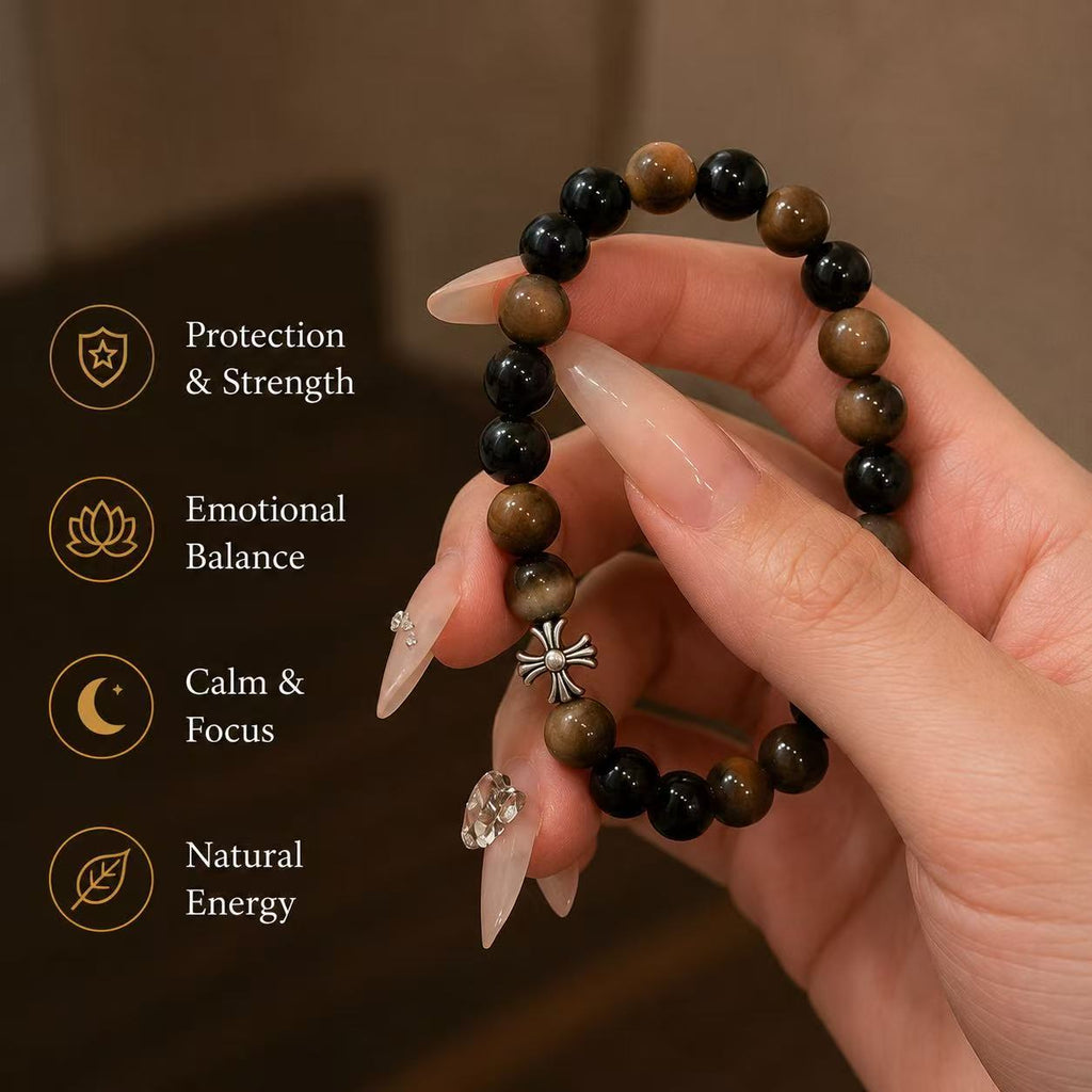 Ground Your Energy | Black Obsidian & Tiger Eye Bracelet with Cross Charm – 8mm Beads
