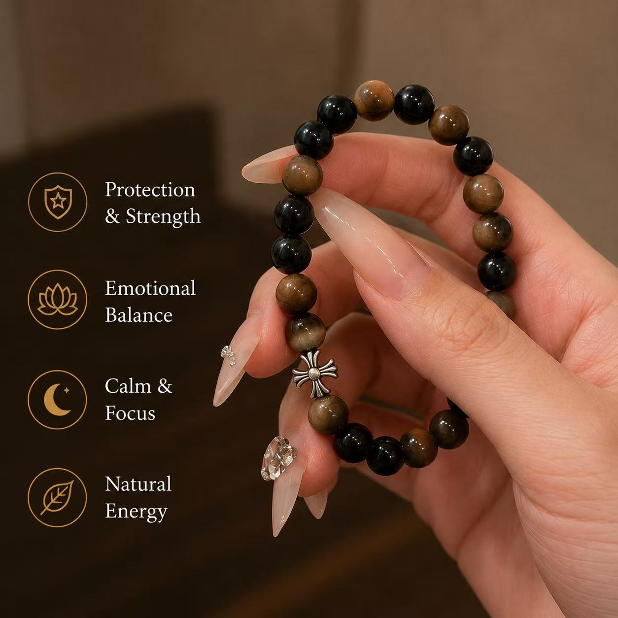 Ground Your Energy | Black Obsidian & Tiger Eye Bracelet with Cross Charm – 8mm Beads