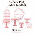 7-Piece Pink Cake Stand Set | Birdcage, Crystal Pedestals & Crown Dessert Display for Baby Showers & Birthdays