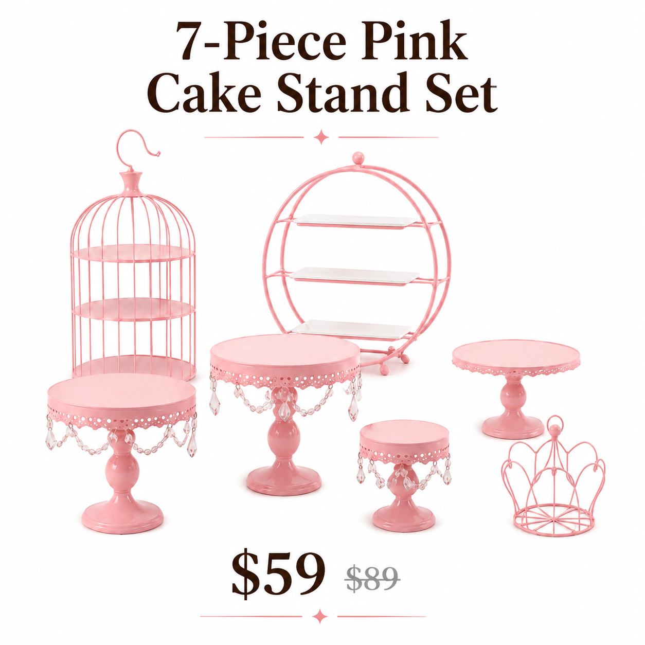 7-Piece Pink Cake Stand Set | Birdcage, Crystal Pedestals & Crown Dessert Display for Baby Showers & Birthdays