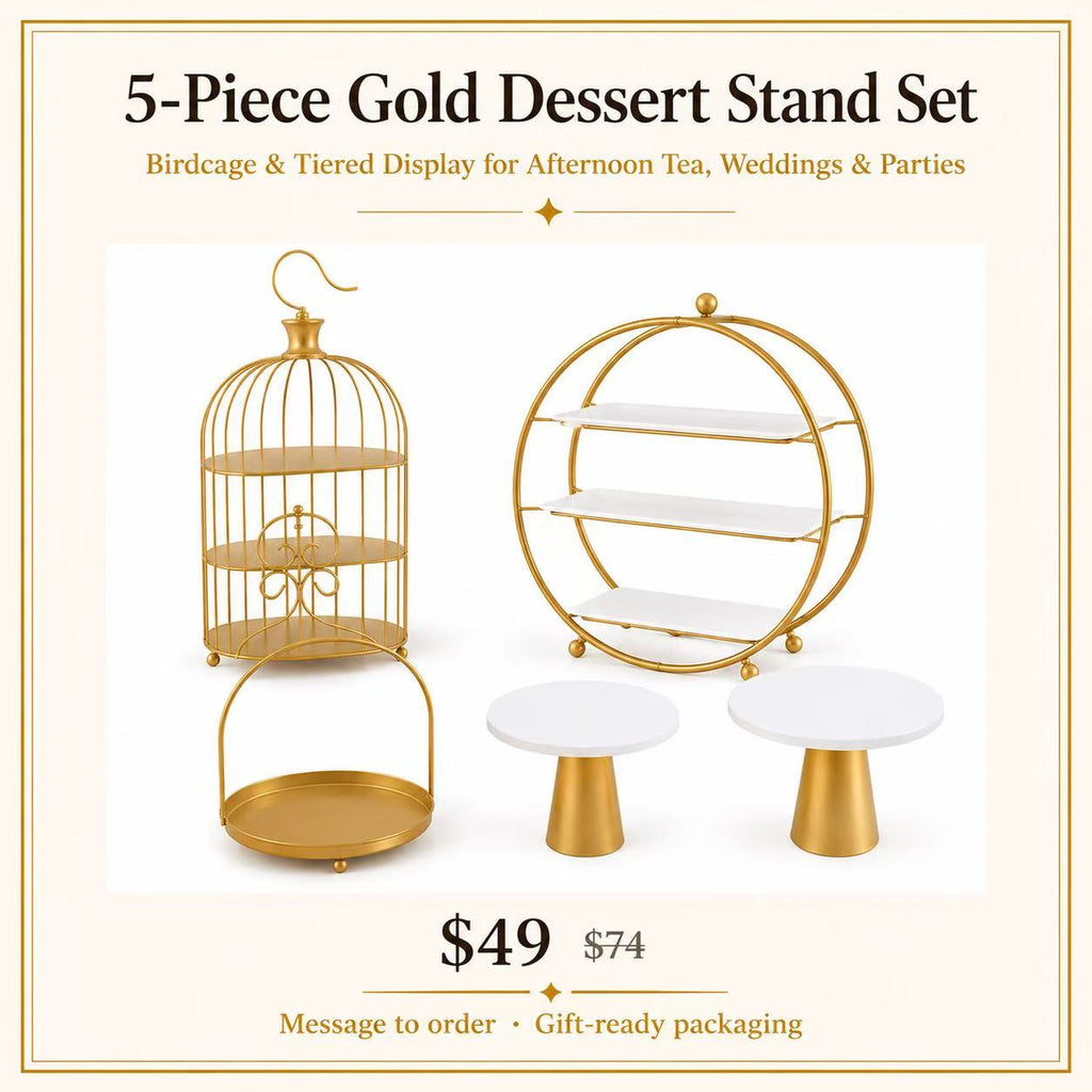 5-Piece Gold Dessert Stand Set | Birdcage & Tiered Display for Afternoon Tea, Weddings & Parties