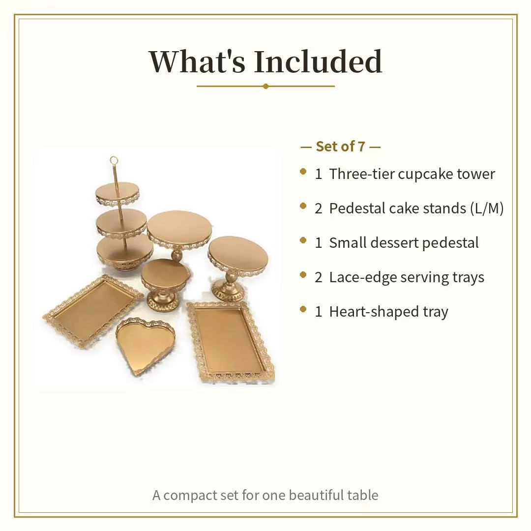 7-Piece Gold Cake Stand Set | Vintage Lace Edge Dessert Table Display for Weddings & Parties