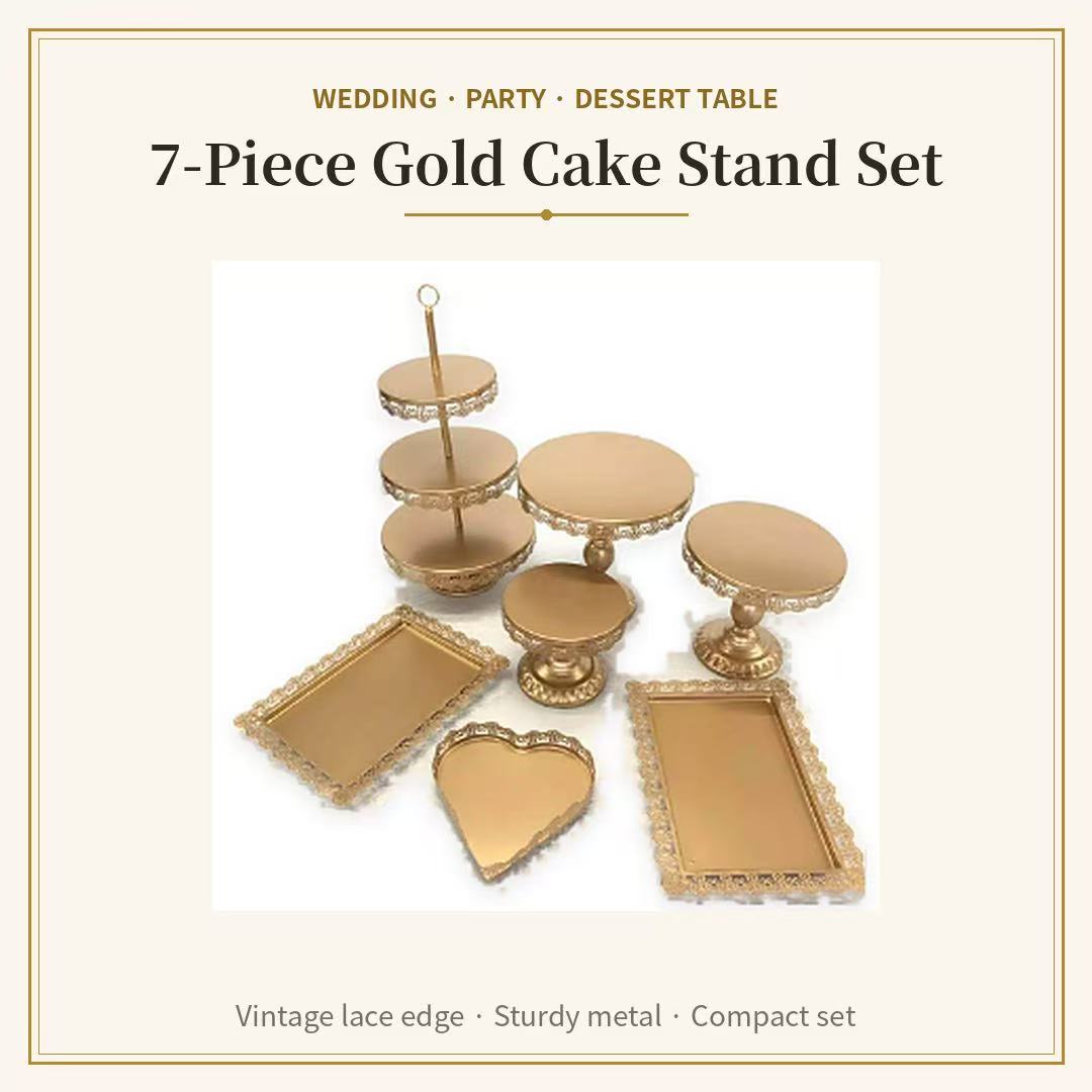 7-Piece Gold Cake Stand Set | Vintage Lace Edge Dessert Table Display for Weddings & Parties