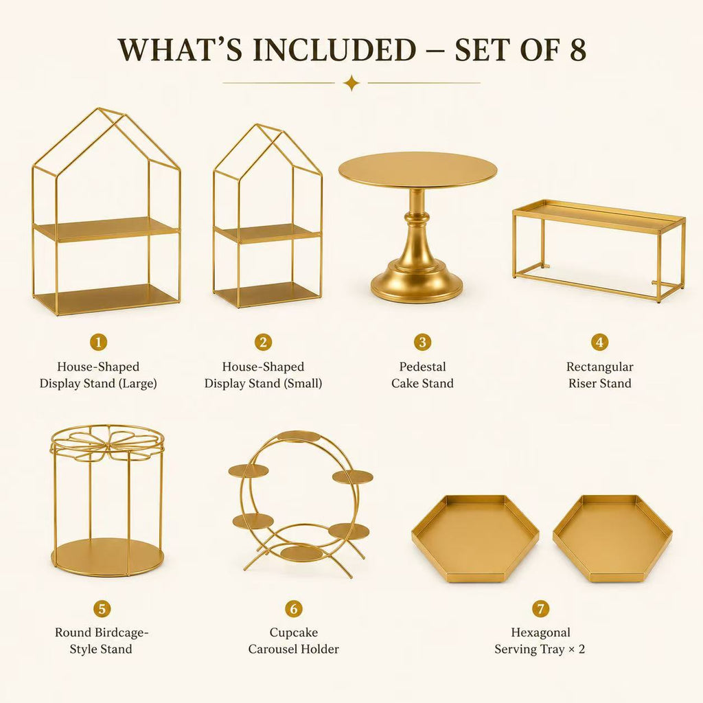 8-Piece Gold Cake Stand Set | Modern Geometric Dessert Table Display for Weddings & Parties