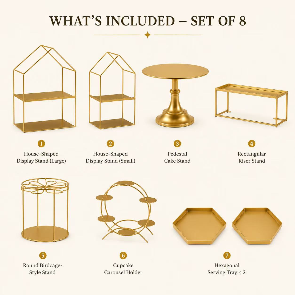 8-Piece Gold Cake Stand Set | Modern Geometric Dessert Table Display for Weddings & Parties