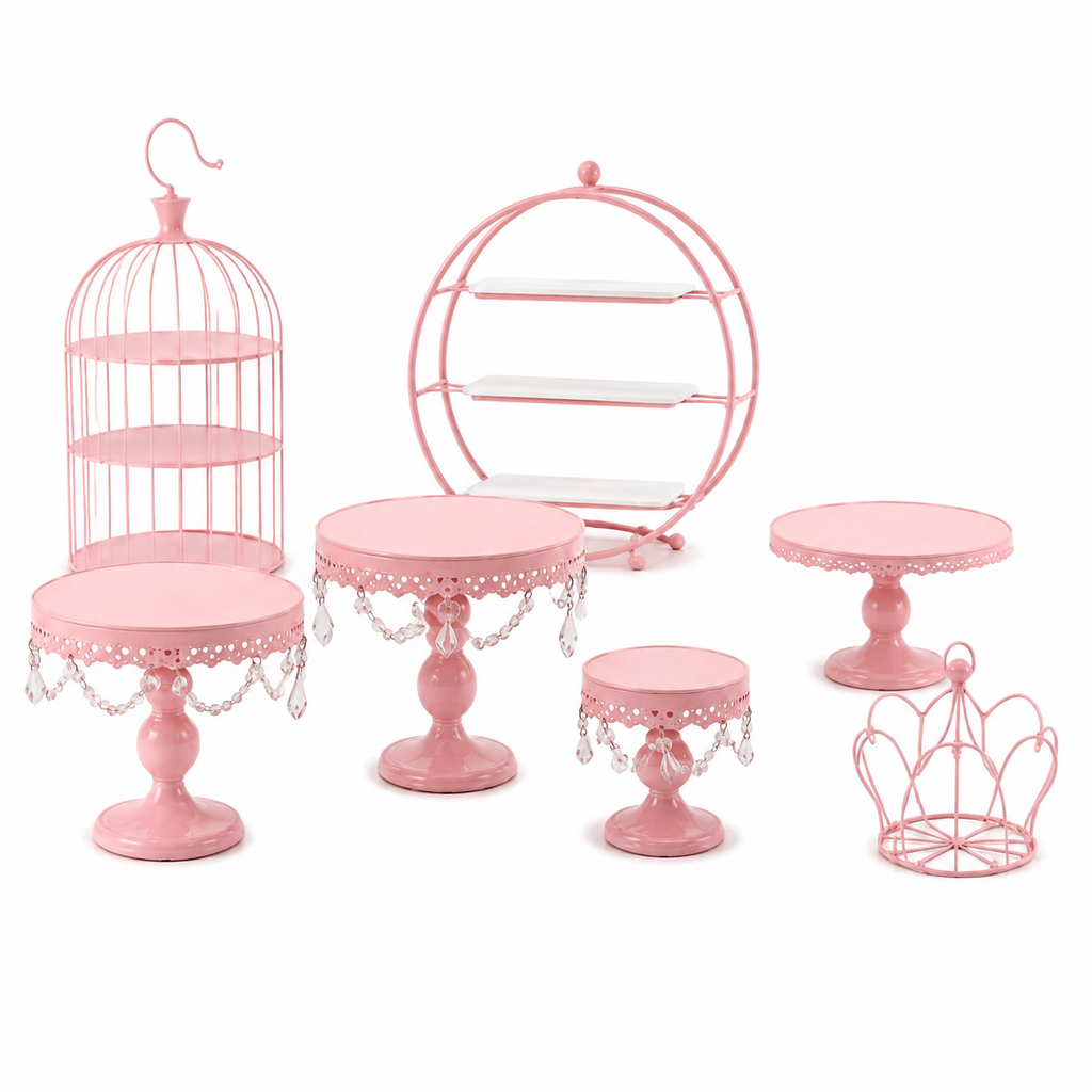 7-Piece Pink Cake Stand Set | Birdcage, Crystal Pedestals & Crown Dessert Display for Baby Showers & Birthdays