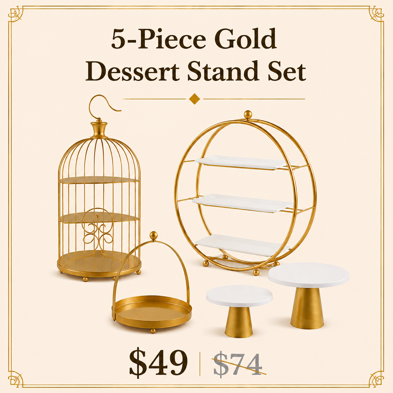 5-Piece Gold Dessert Stand Set | Birdcage & Tiered Display for Afternoon Tea, Weddings & Parties