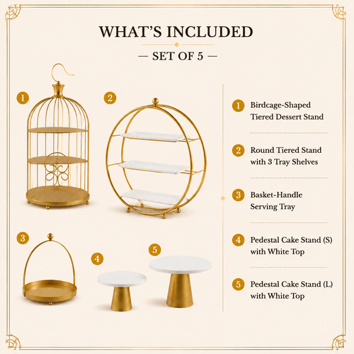 5-Piece Gold Dessert Stand Set | Birdcage & Tiered Display for Afternoon Tea, Weddings & Parties