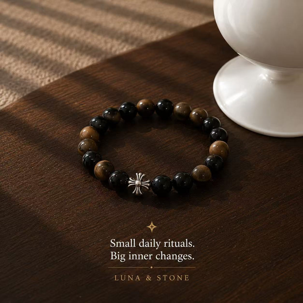 Ground Your Energy | Black Obsidian & Tiger Eye Bracelet with Cross Charm – 8mm Beads