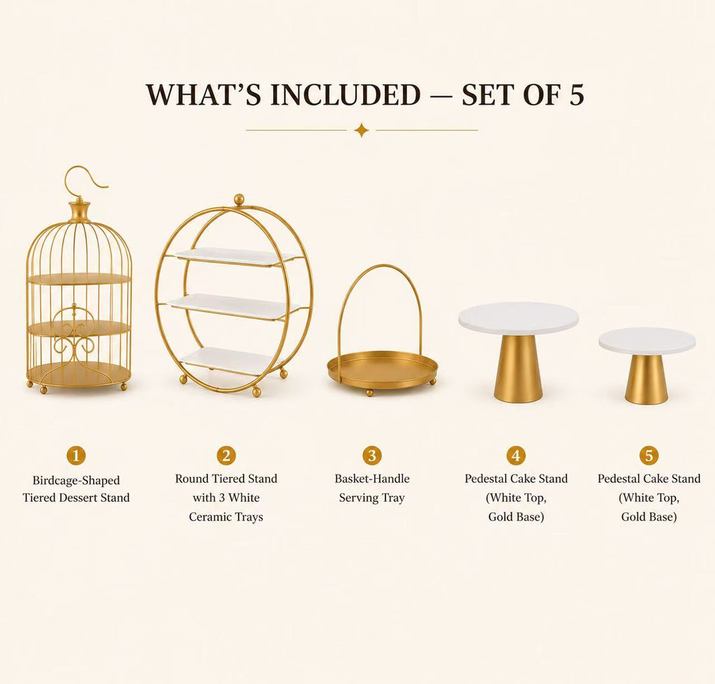 5-Piece Gold Dessert Stand Set | Birdcage & Tiered Display for Afternoon Tea, Weddings & Parties