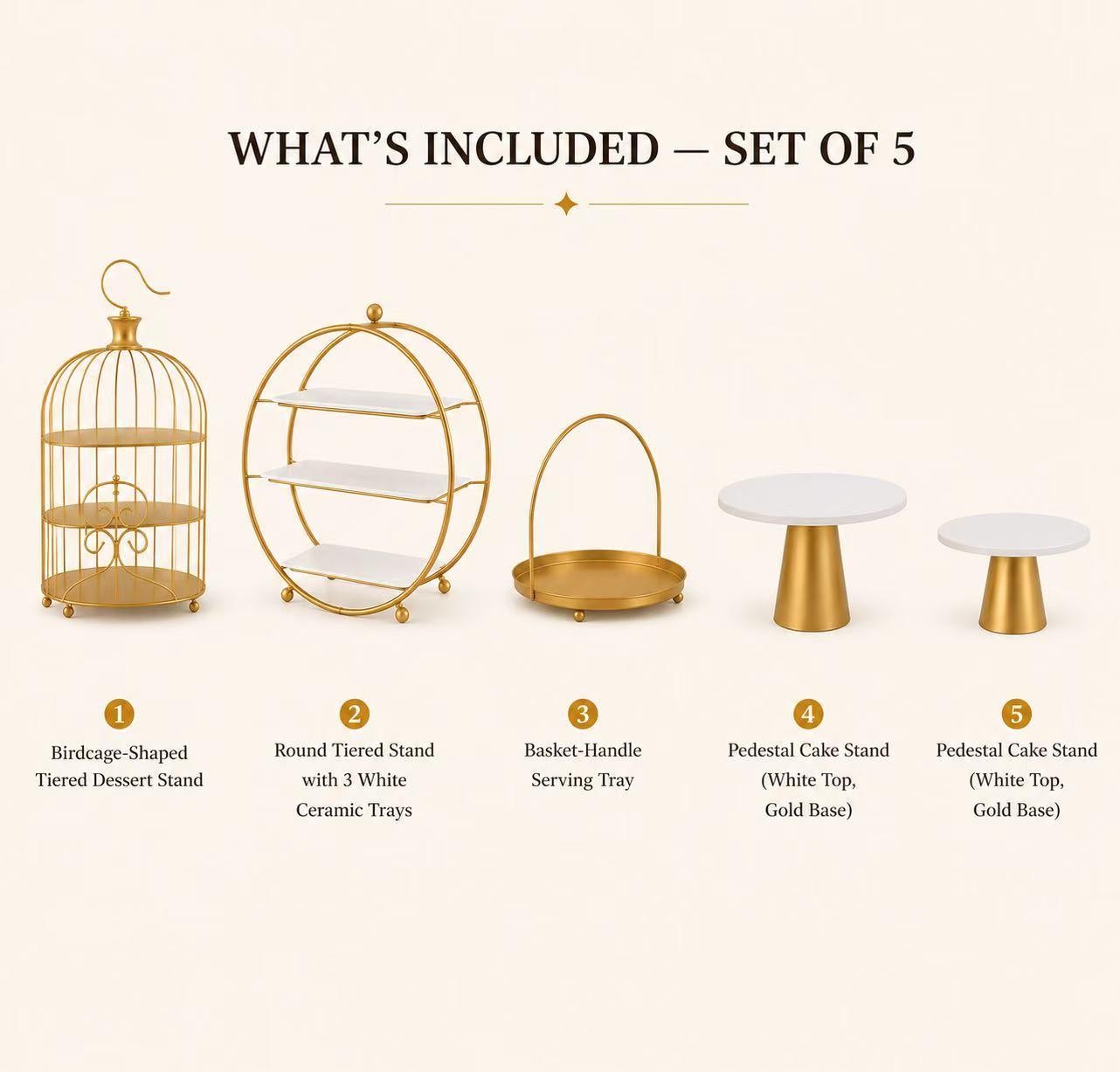 5-Piece Gold Dessert Stand Set | Birdcage & Tiered Display for Afternoon Tea, Weddings & Parties