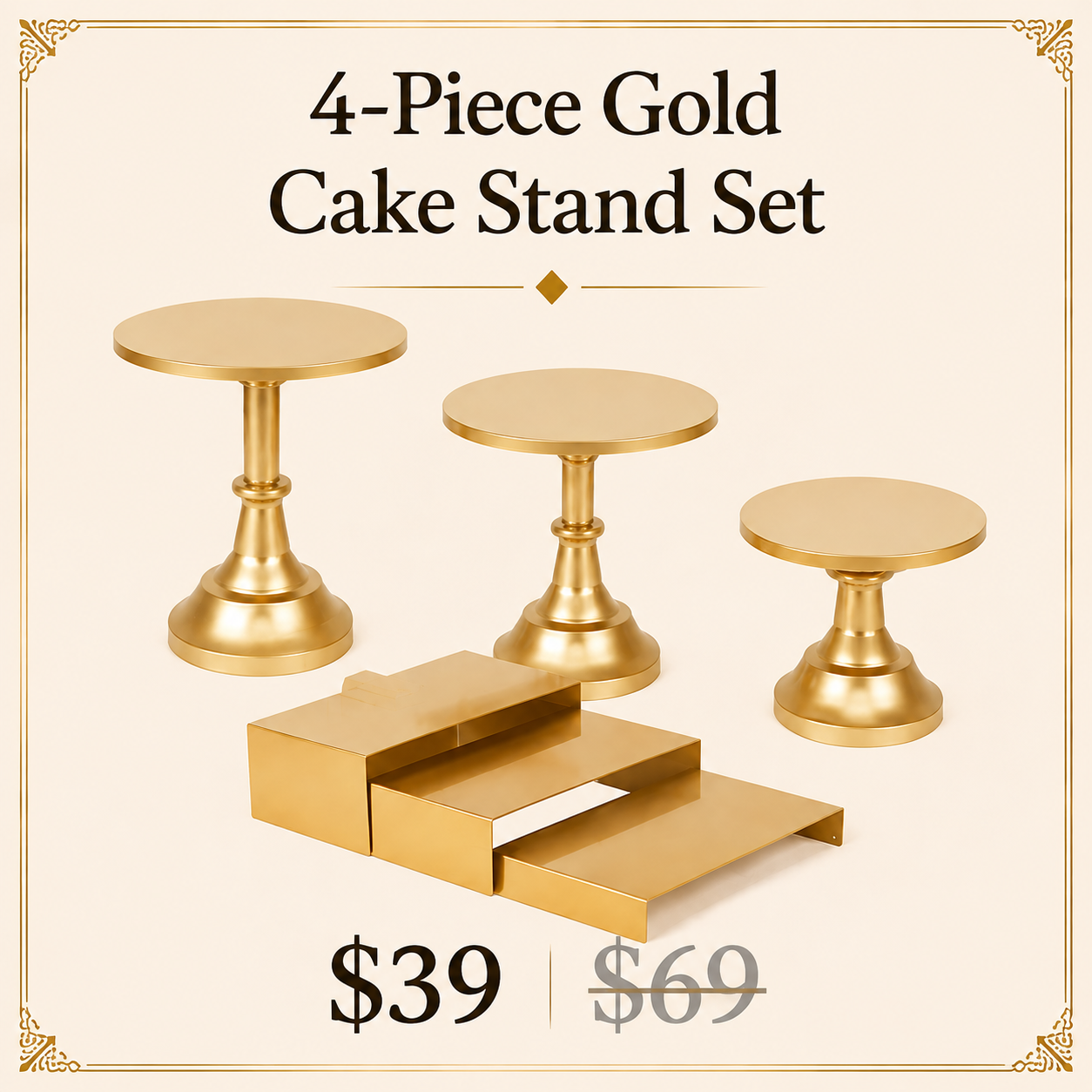 4-Piece Gold Cake Stand Set | Modern Pedestal Stands & Cupcake Riser for Birthdays & Parties