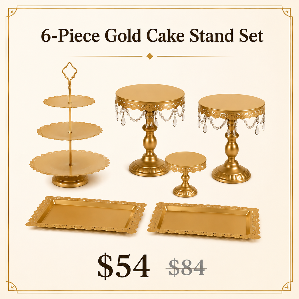 6-Piece Gold Cake Stand Set | Vintage Lace Edge & Crystal Dessert Display for Weddings & Parties