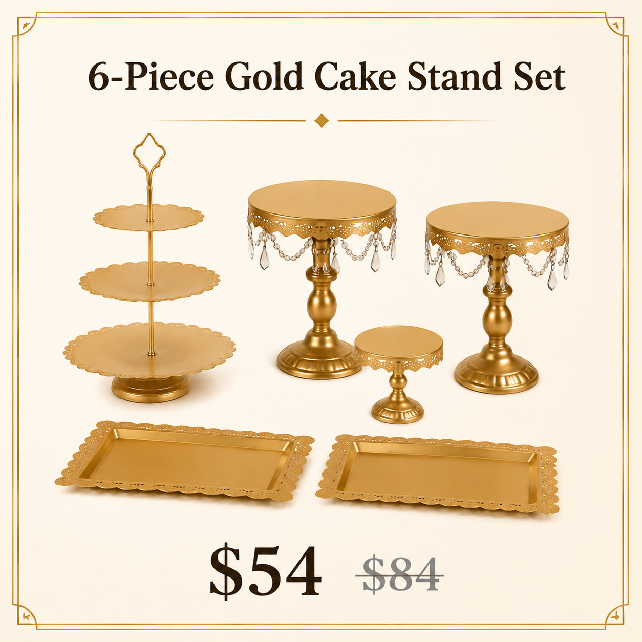 6-Piece Gold Cake Stand Set | Vintage Lace Edge & Crystal Dessert Display for Weddings & Parties