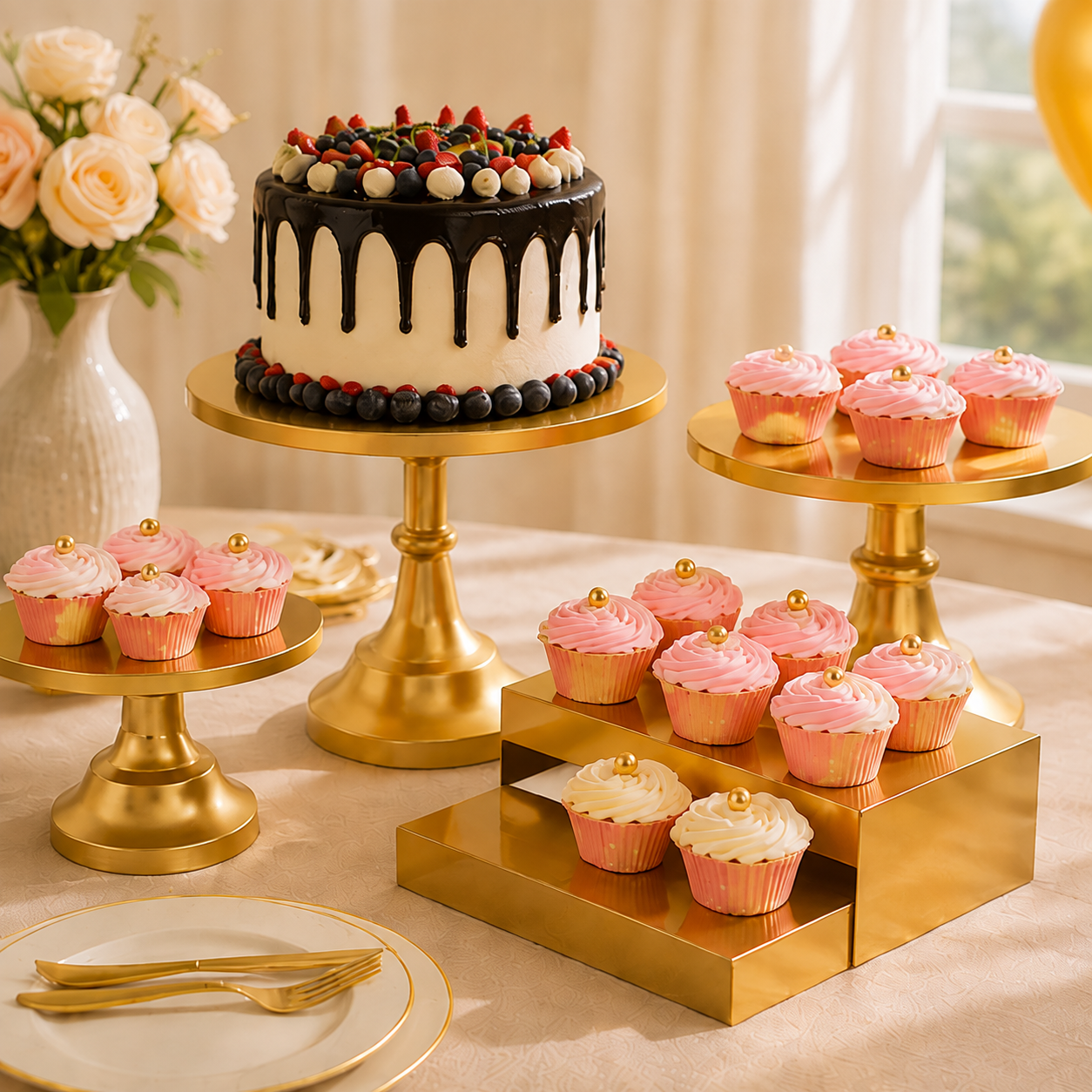4-Piece Gold Cake Stand Set | Modern Pedestal Stands & Cupcake Riser for Birthdays & Parties