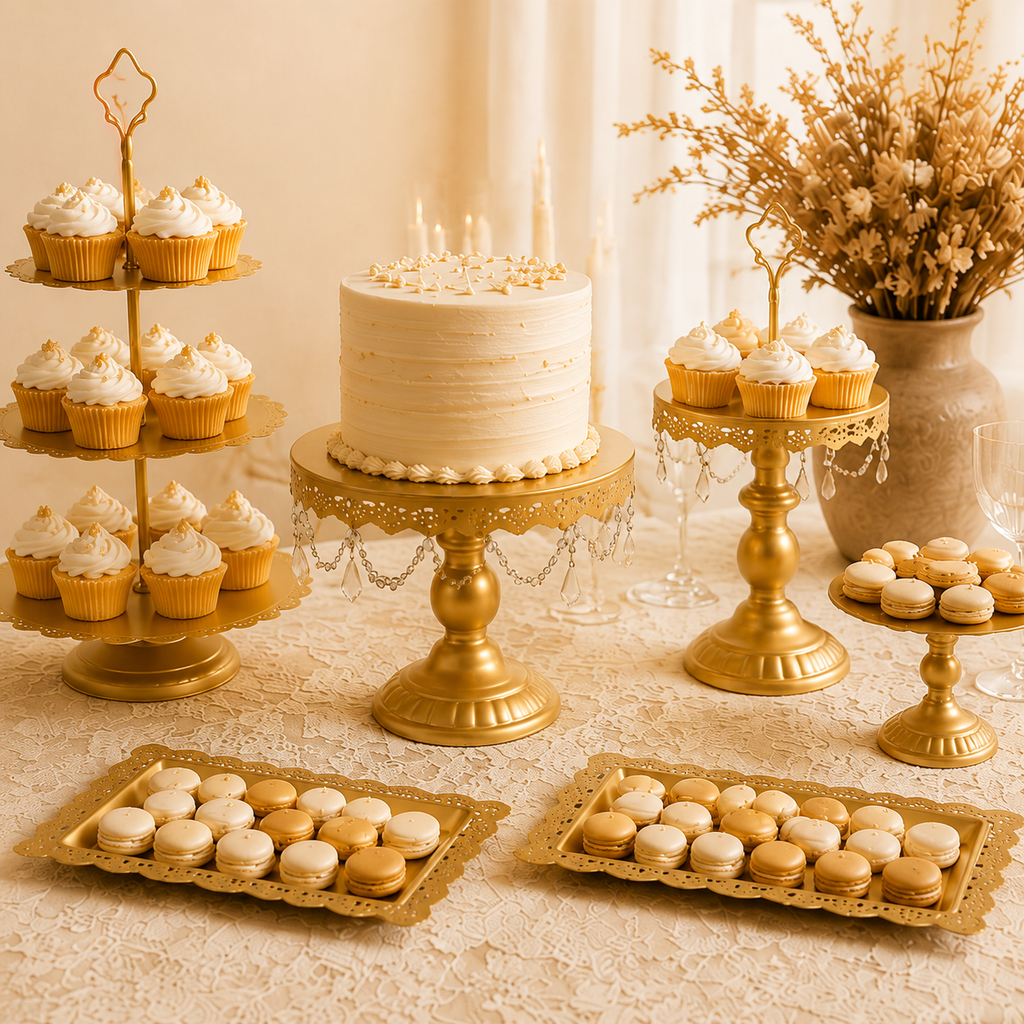 6-Piece Gold Cake Stand Set | Vintage Lace Edge & Crystal Dessert Display for Weddings & Parties