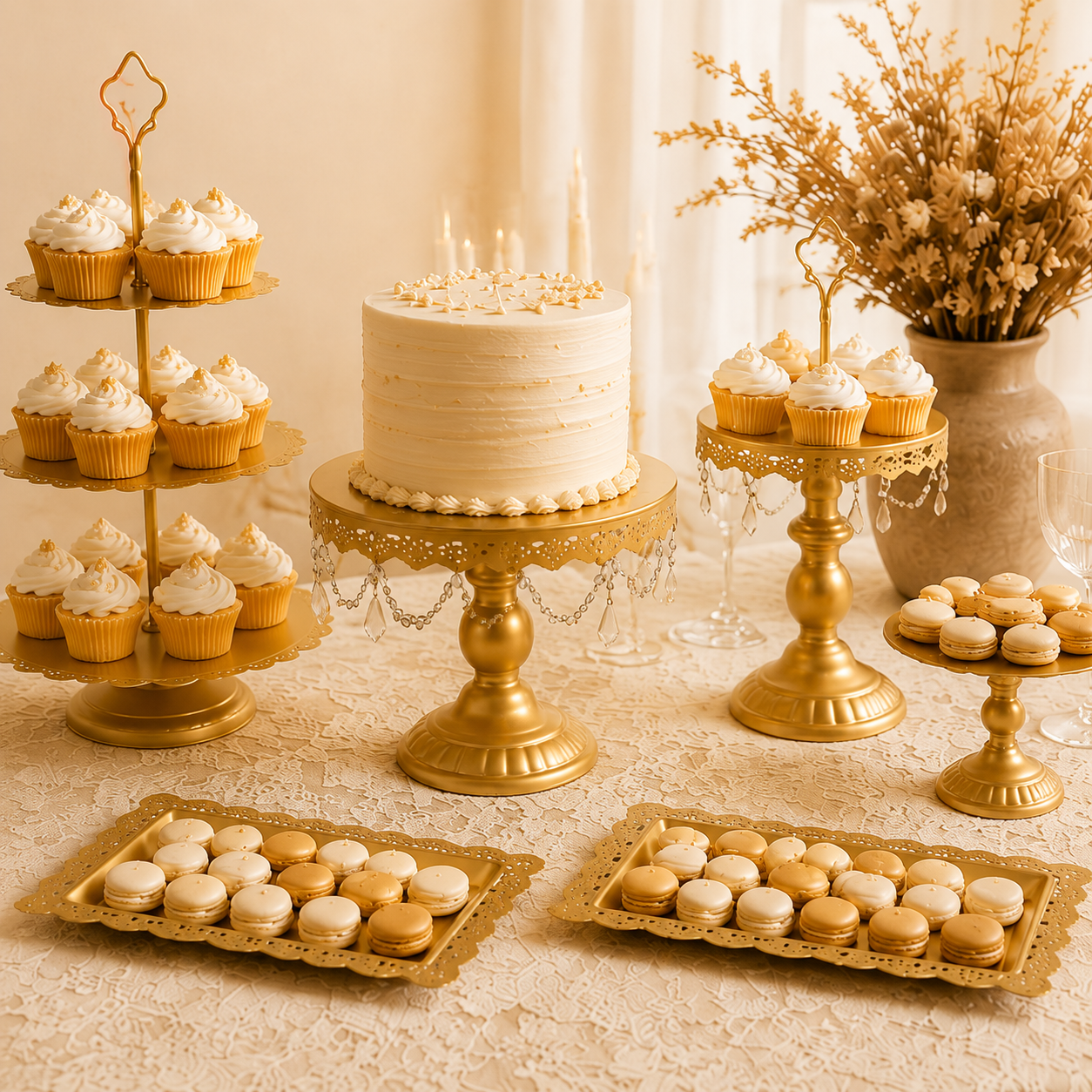 6-Piece Gold Cake Stand Set | Vintage Lace Edge & Crystal Dessert Display for Weddings & Parties