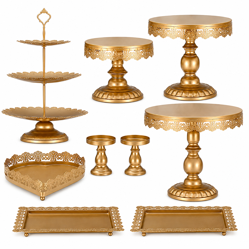 Gold Metal Cake Stand Set of 9 | Tiered Cupcake Tower, Pedestal Stands & Serving Trays