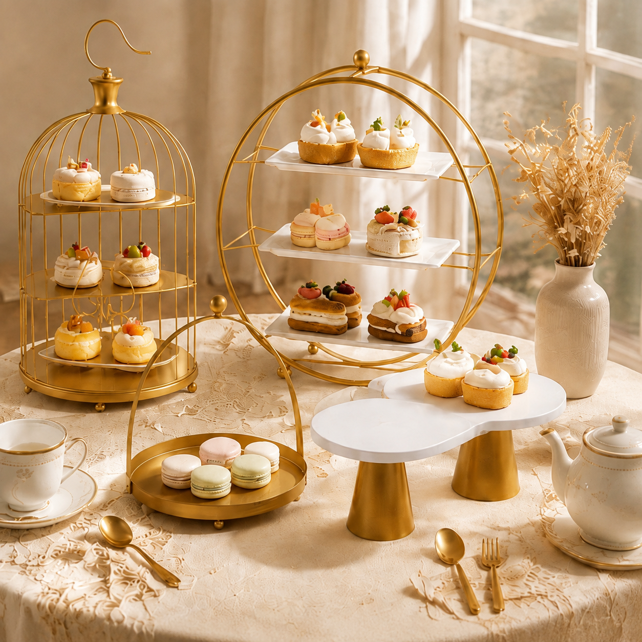 5-Piece Gold Dessert Stand Set | Birdcage & Tiered Display for Afternoon Tea, Weddings & Parties
