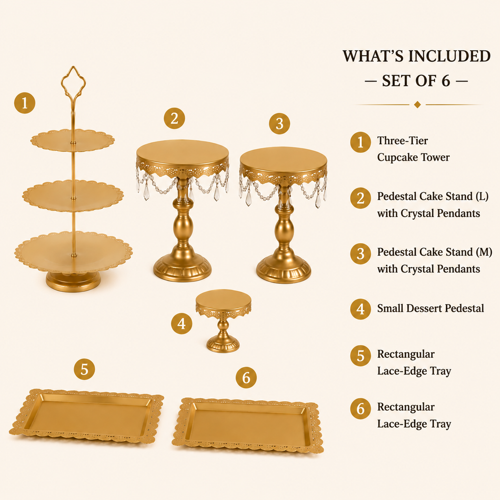 6-Piece Gold Cake Stand Set | Vintage Lace Edge & Crystal Dessert Display for Weddings & Parties