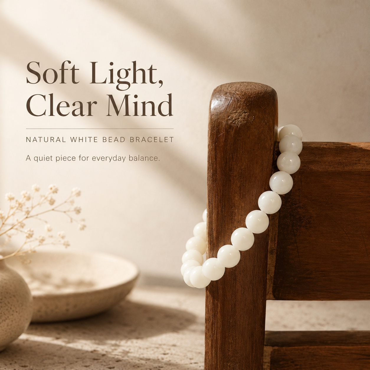 White Natural Bead Bracelet | Minimal Everyday Jewelry for Calm & Balance – 8mm