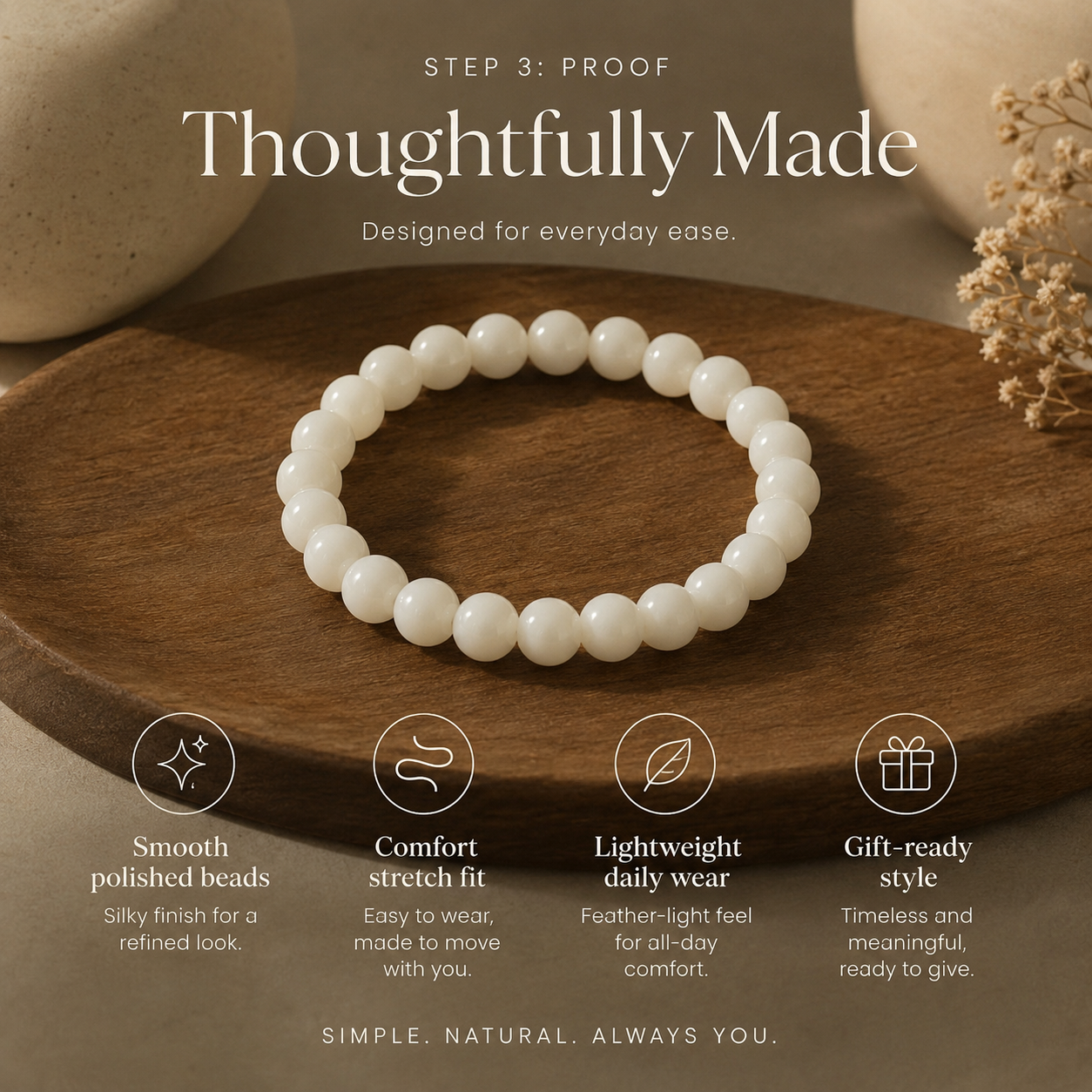 White Natural Bead Bracelet | Minimal Everyday Jewelry for Calm & Balance – 8mm