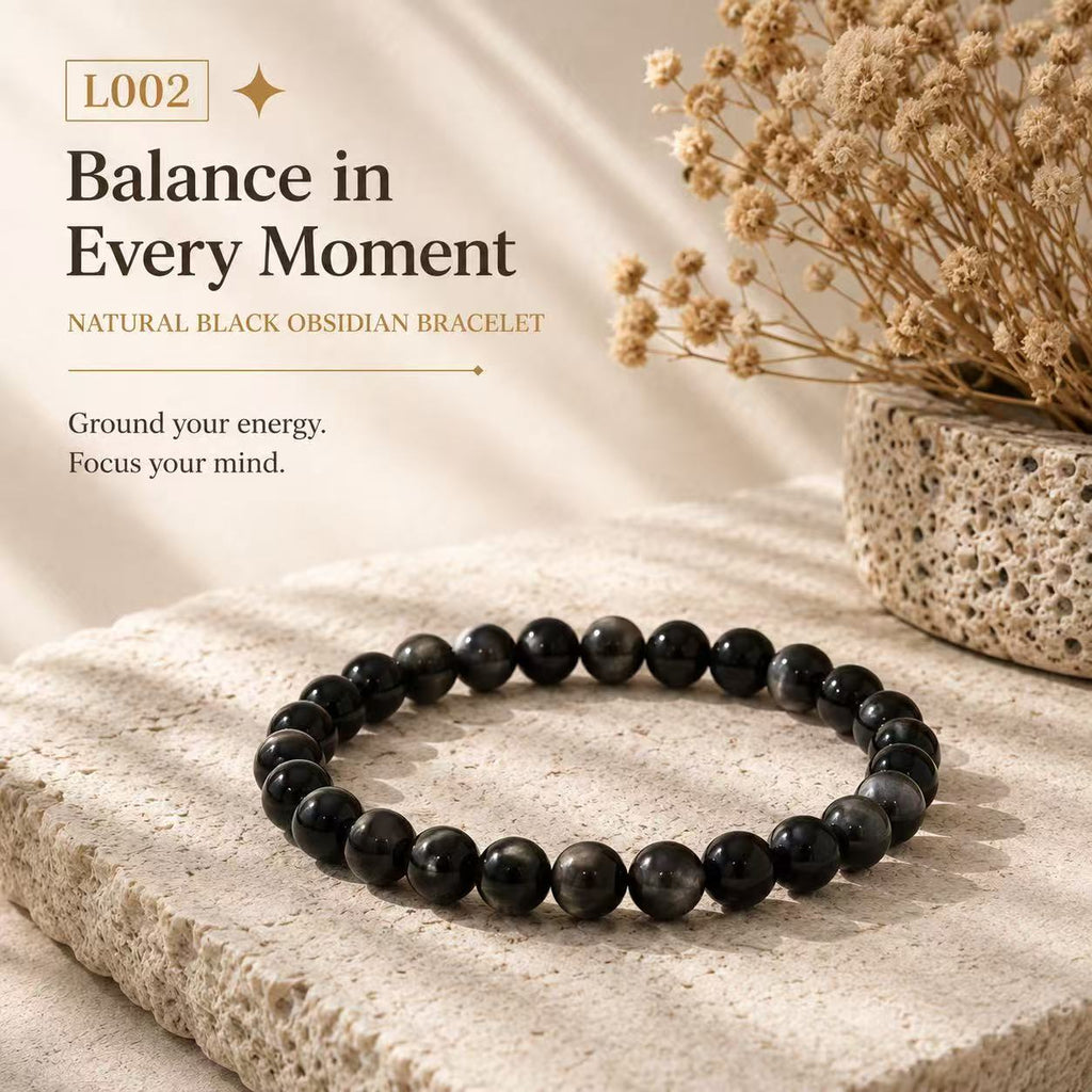 Balance in Every Moment | Natural Black Obsidian Bracelet – 8mm Beads