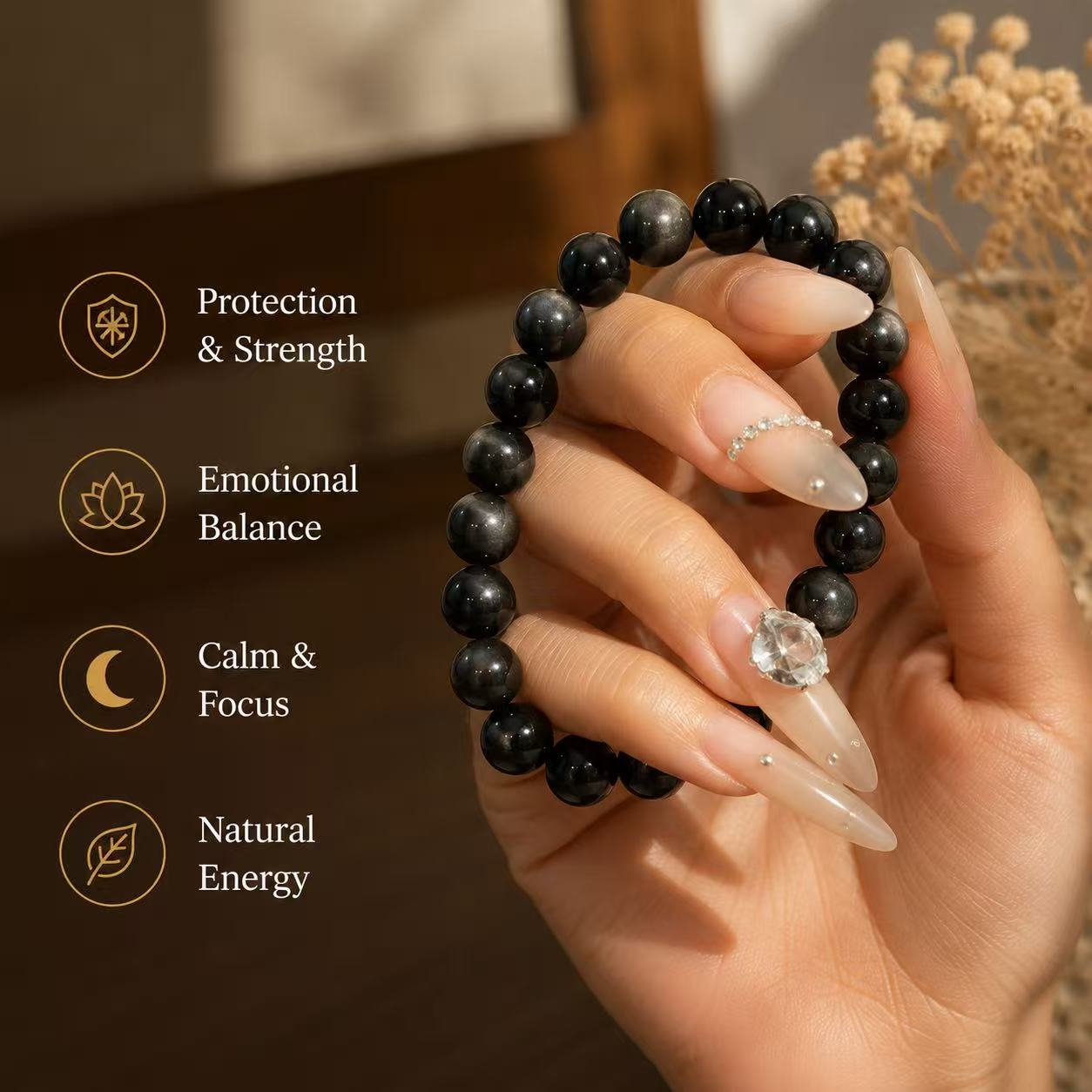 Balance in Every Moment | Natural Black Obsidian Bracelet – 8mm Beads