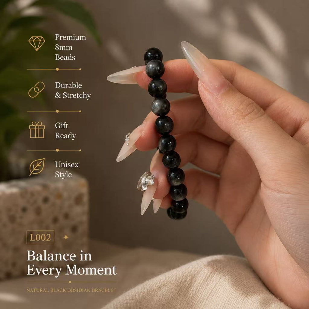 Balance in Every Moment | Natural Black Obsidian Bracelet – 8mm Beads