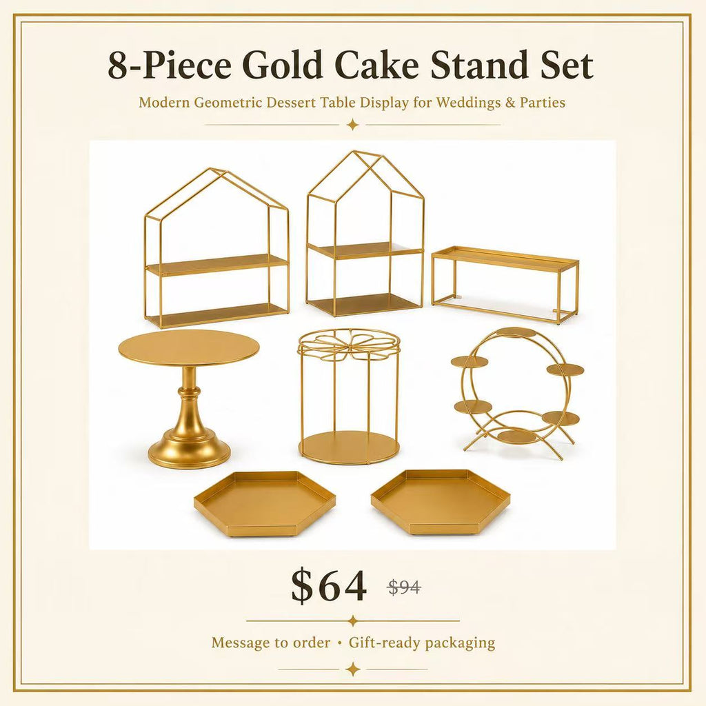 8-Piece Gold Cake Stand Set | Modern Geometric Dessert Table Display for Weddings & Parties