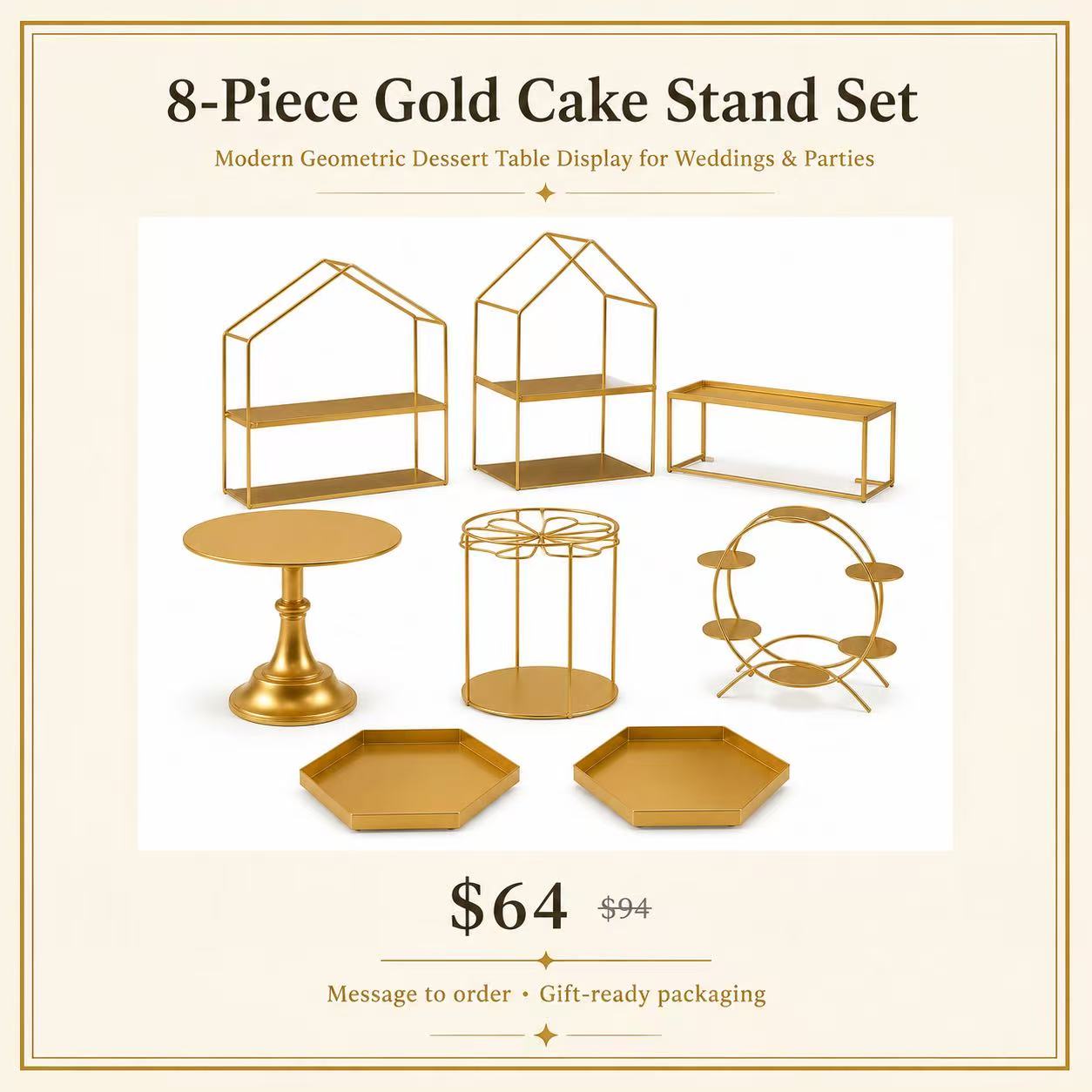 8-Piece Gold Cake Stand Set | Modern Geometric Dessert Table Display for Weddings & Parties