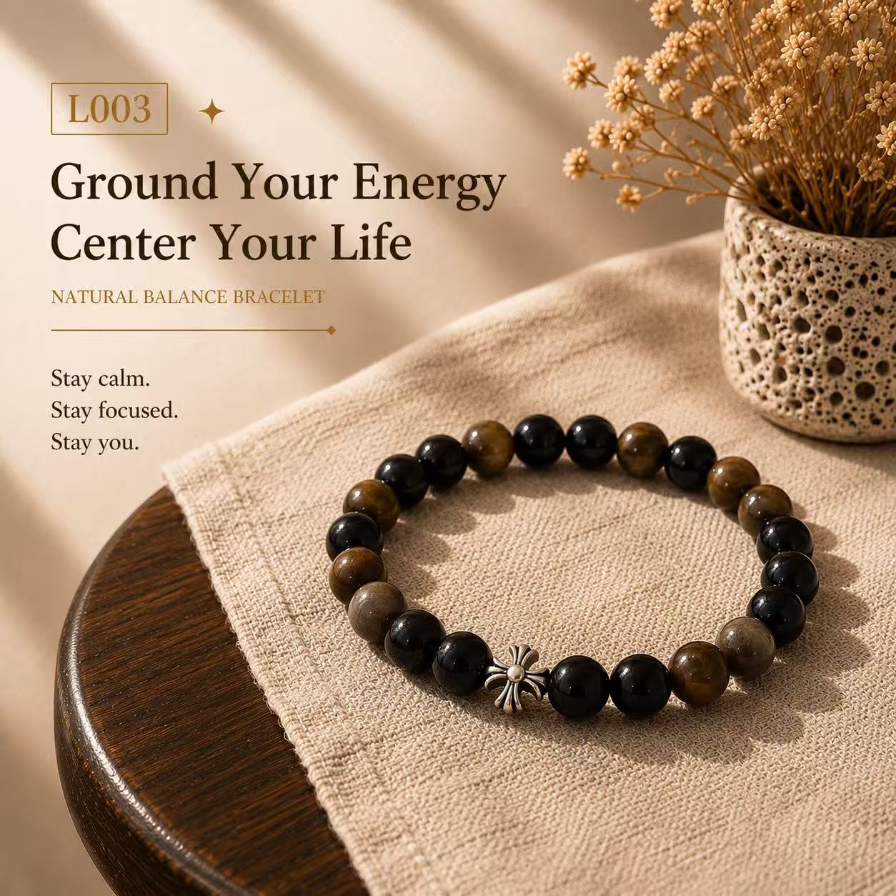 Ground Your Energy | Black Obsidian & Tiger Eye Bracelet with Cross Charm – 8mm Beads